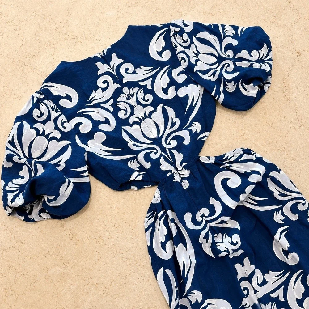 Abercrombie & Fitch Dress XS Blue Waist Cutout Damask Puff Sleeve Maxi Midi Boho